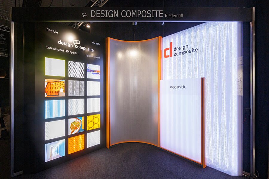 Messestand von Design Composite mit transluzenten Architektur-Paneelen auf der architect@work Wien 2016